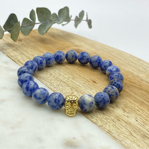 Blue Dumortierite Gemstone Bracelet With Gold Skull Charm - Picture 1 of 5